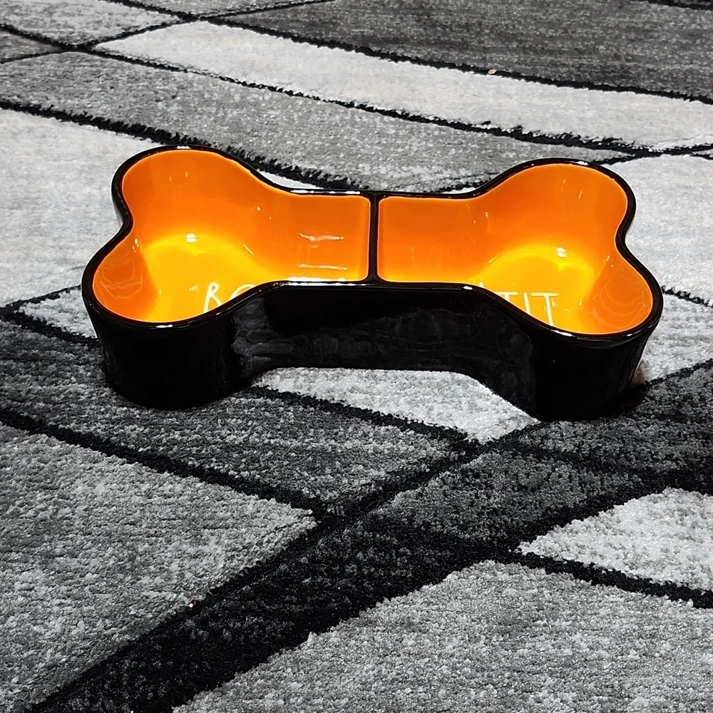 RAE DUNN ARTISAN COLLECTION BONE APPETIT PET BOWL BLACK & ORANGE NWOT